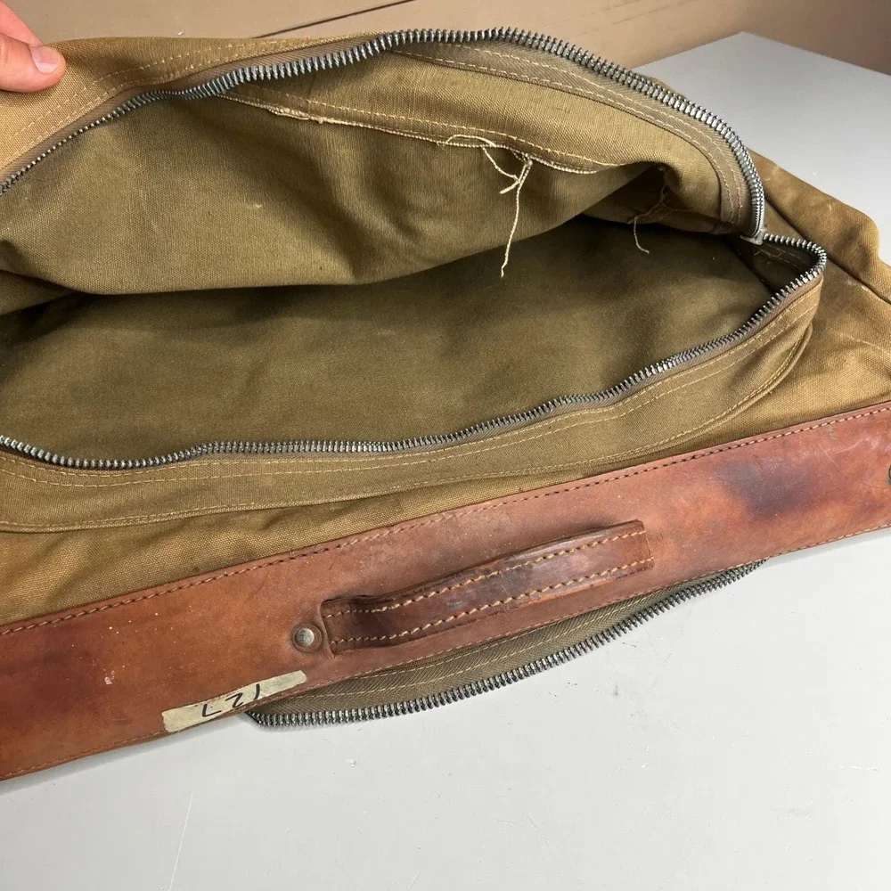 Vintage Military Canvas Garment Bag Khaki Travel Suitcase Leather Distressed